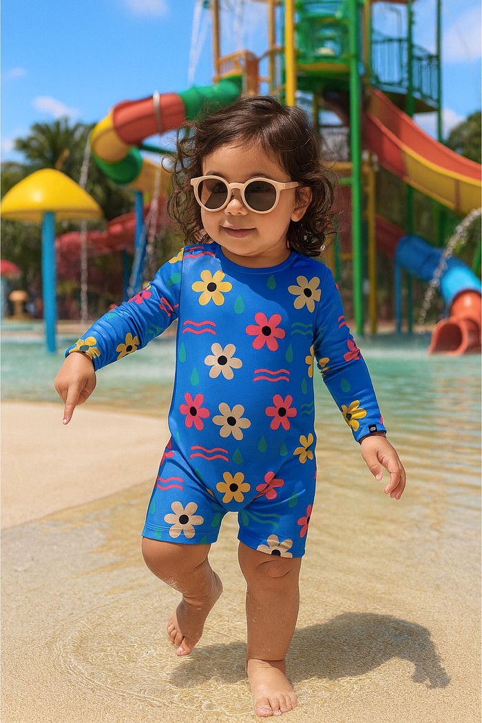 Macacão Praia Bebê Proteção Solar UV 50+ Manga Longa Azul Dona Flor