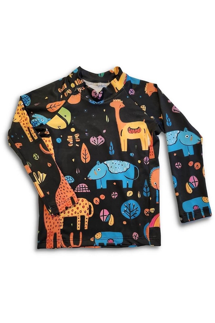 Camisa Infantil Proteção Solar UV 50+ Preto Animais Abstratos