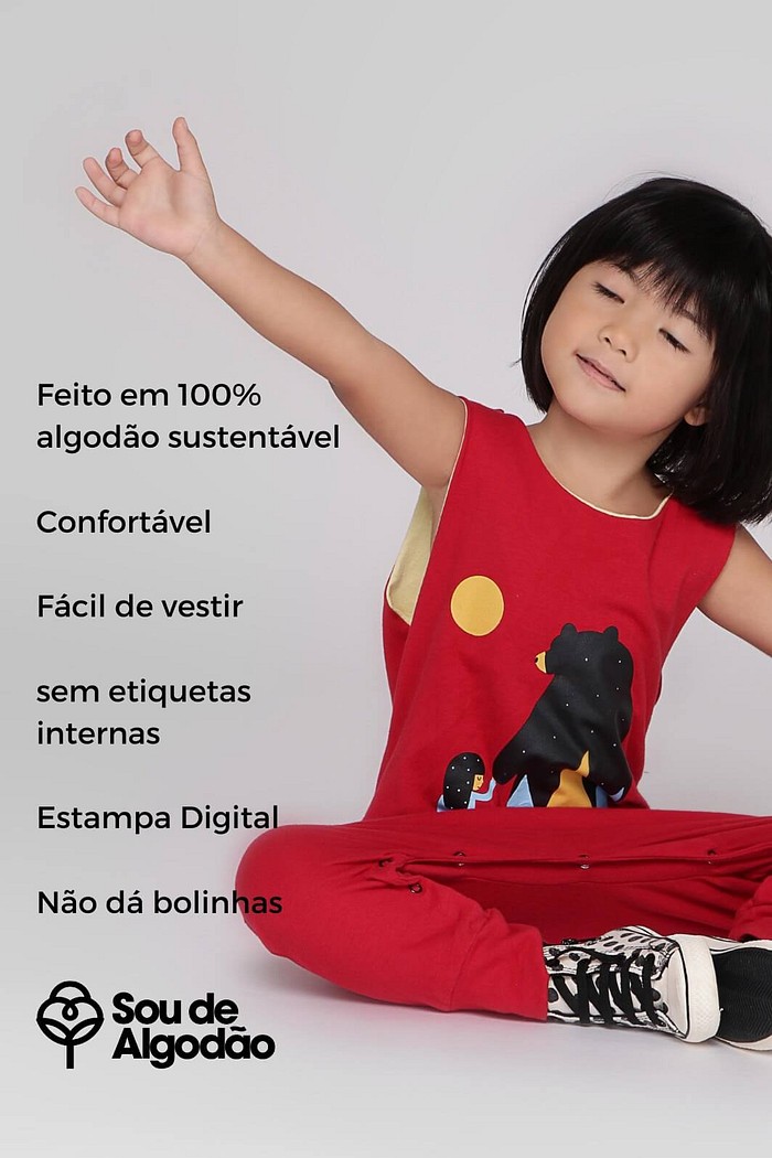 Macacão Bebê Regata Longo Algodão Sustentável Fácil Vestir Vermelho Menina e Urso