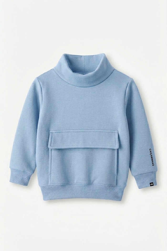 Casaco Moletom Infantil Gola Alta Azul Claro Moletom Flanelado