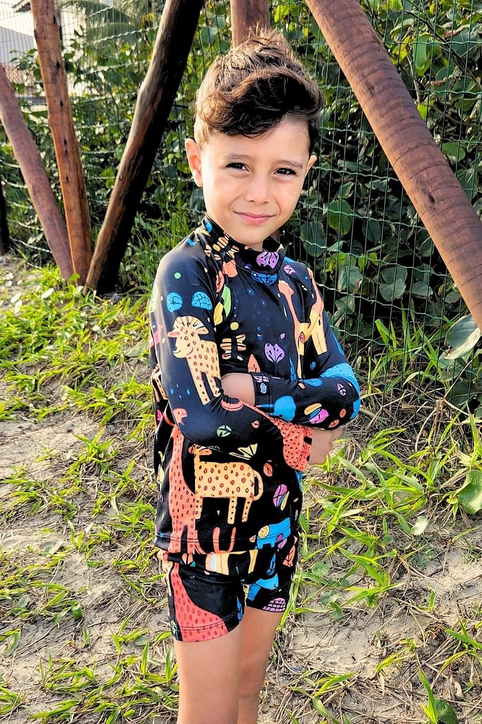 Camisa Proteção Uv 50+ Infantil + Sunga Preto Animais Abstratos