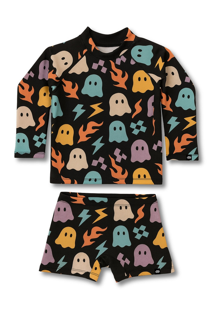 Camisa + Sunga Proteção UV50+ Confortável Preto Fantasminhas