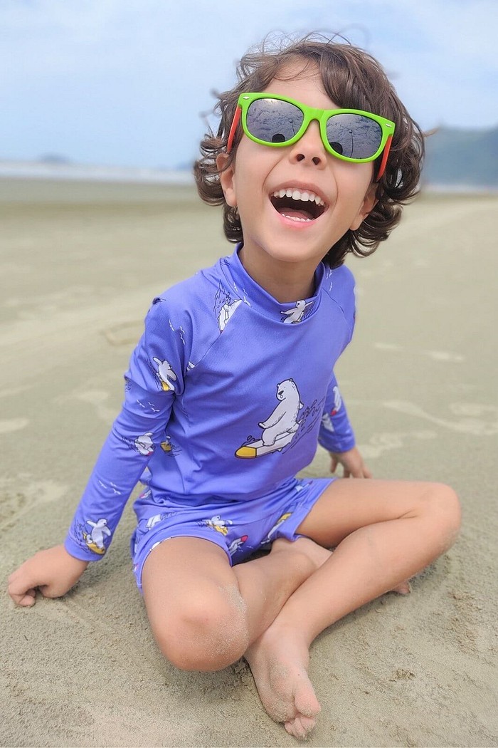 Camisa Proteção Uv 50+ Infantil + Sunga Roxo Urso