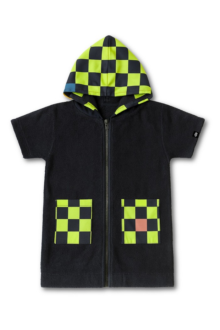 Roupão Infantil Com Capuz 100% Algodão Atoalhado Super Secagem Proteção UV50+ Preto e Verde Quadriculados