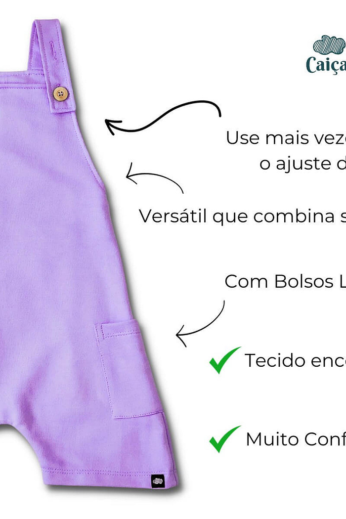 Jardineira Infantil Curta com Alça Ajustável Roxa em Malha de Algodão