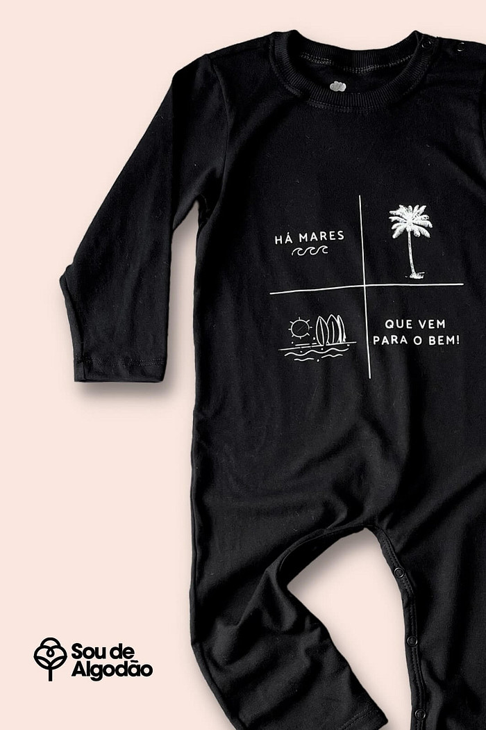 Macacão Bebê Longo Manga Longa Algodão Sustentável Confortável Preto Há Mares que Vêm para o Bem