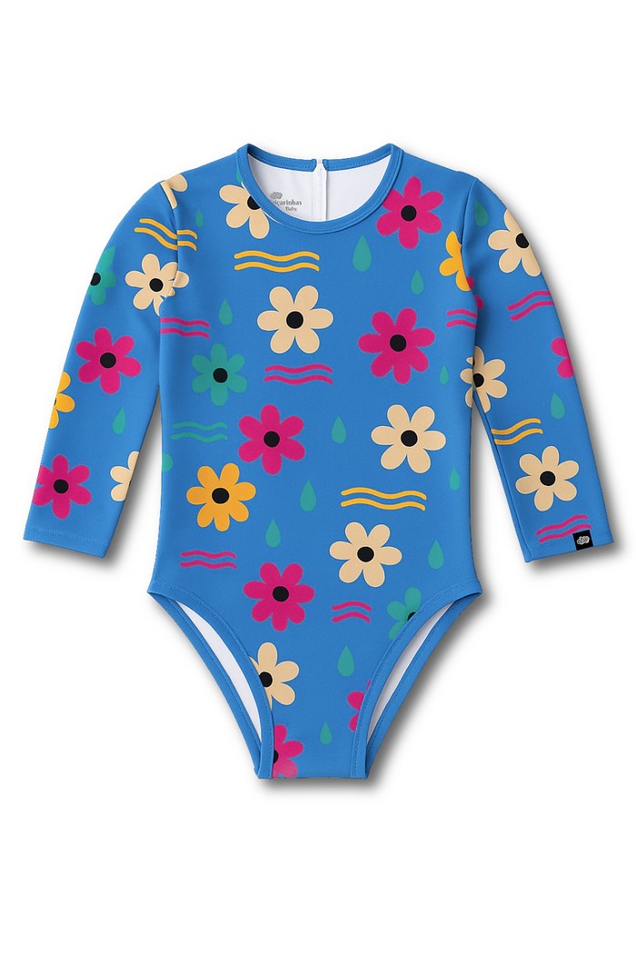 Maiô Manga Longa Proteção UV50+ Confortável Azul Dona Flor