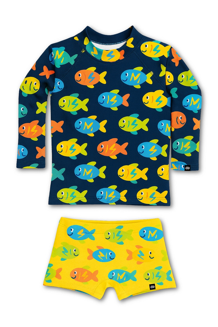Camisa + Sunga Proteção UV50+ Confortável Azul e Amarelo Peixinhos