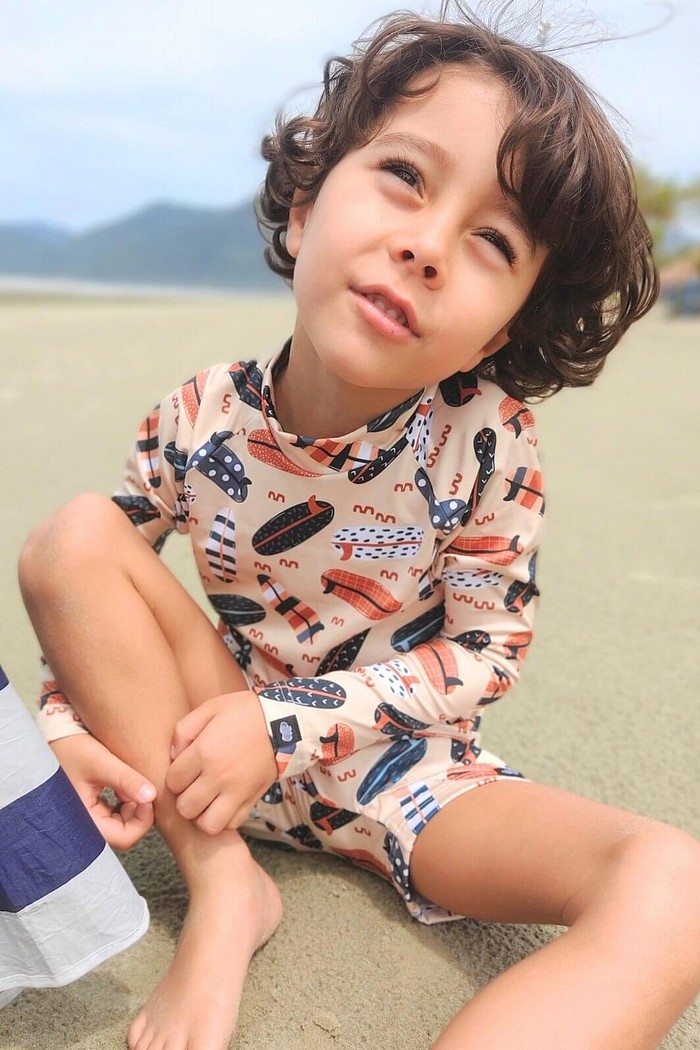 Camisa Proteção Uv 50+ Infantil + Sunga Bege Pranchas