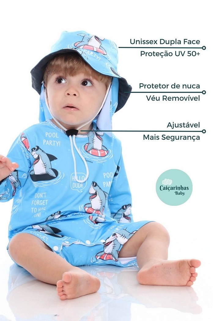 Kit Tubarão Macacão + Chapéu Dupla Face UV 50+