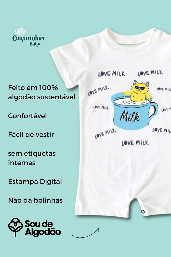 Macacão Bebê Curto Algodão Sustentável Off White Love Milk