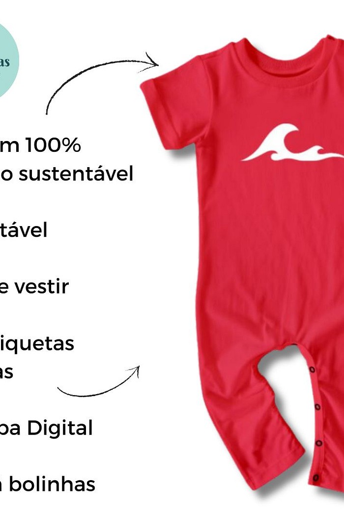 Macacão Bebê Longo Manga Curta Vermelho Onda