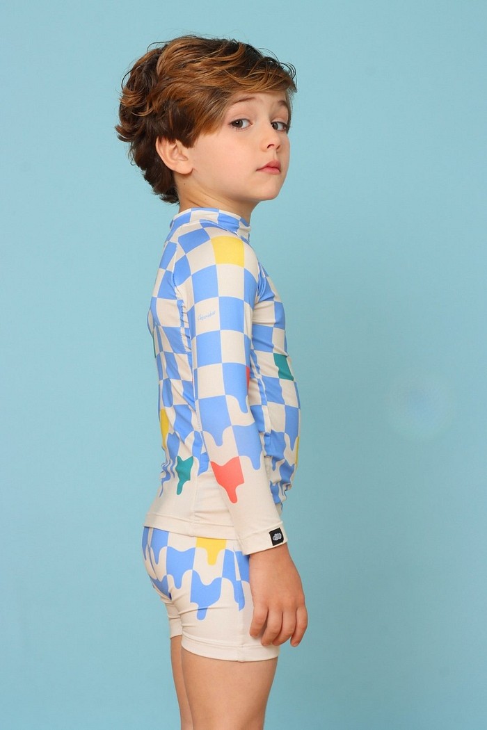 Camisa + Sunga Proteção UV50+ Confortável Off e Azul Quadriculados