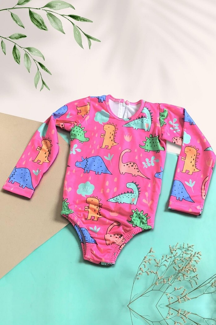 Maiô Infantil Proteção Solar UV 50+ Manga Longa e Zíper nas Costas Rosa Dino
