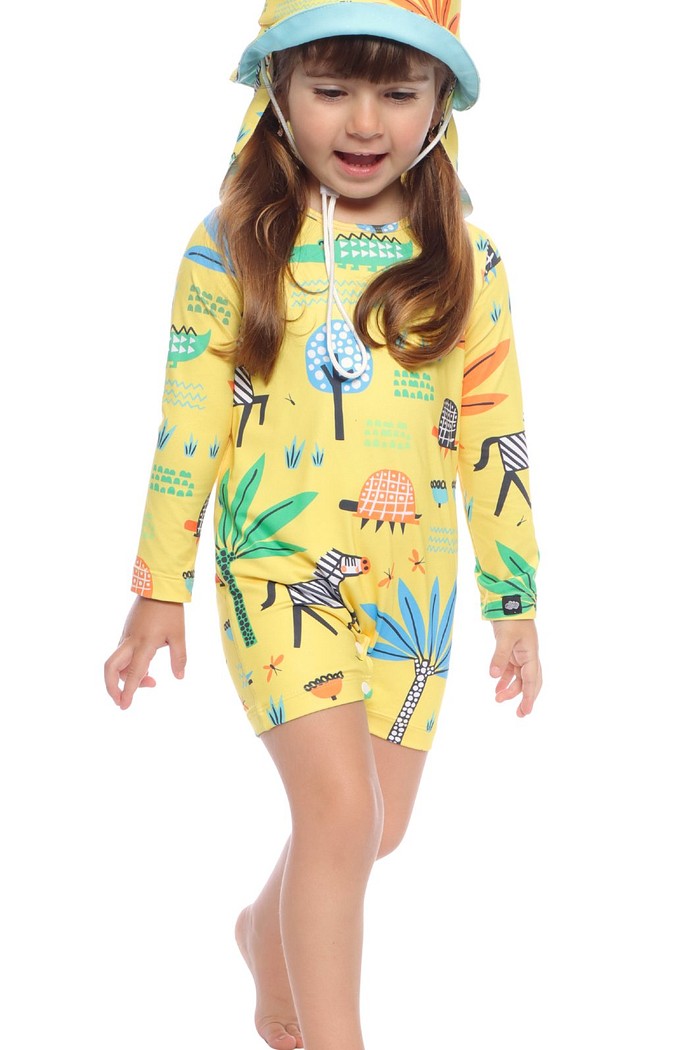 Macacão Praia Bebê Proteção Solar UV 50+ Manga Longa Amarelo Safari