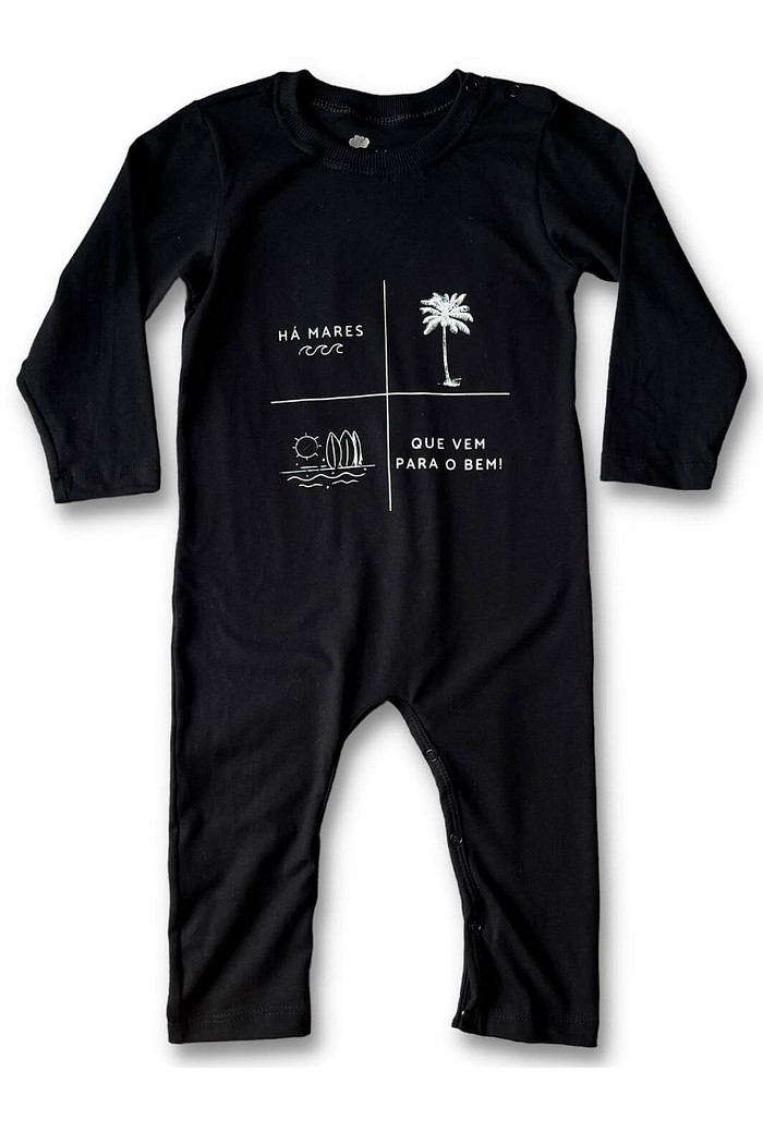 Macacão Bebê Longo Manga Longa Algodão Sustentável Confortável Preto Há Mares que Vêm para o Bem