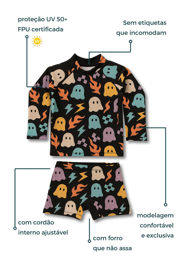 Camisa + Sunga Proteção UV50+ Confortável Preto Fantasminhas