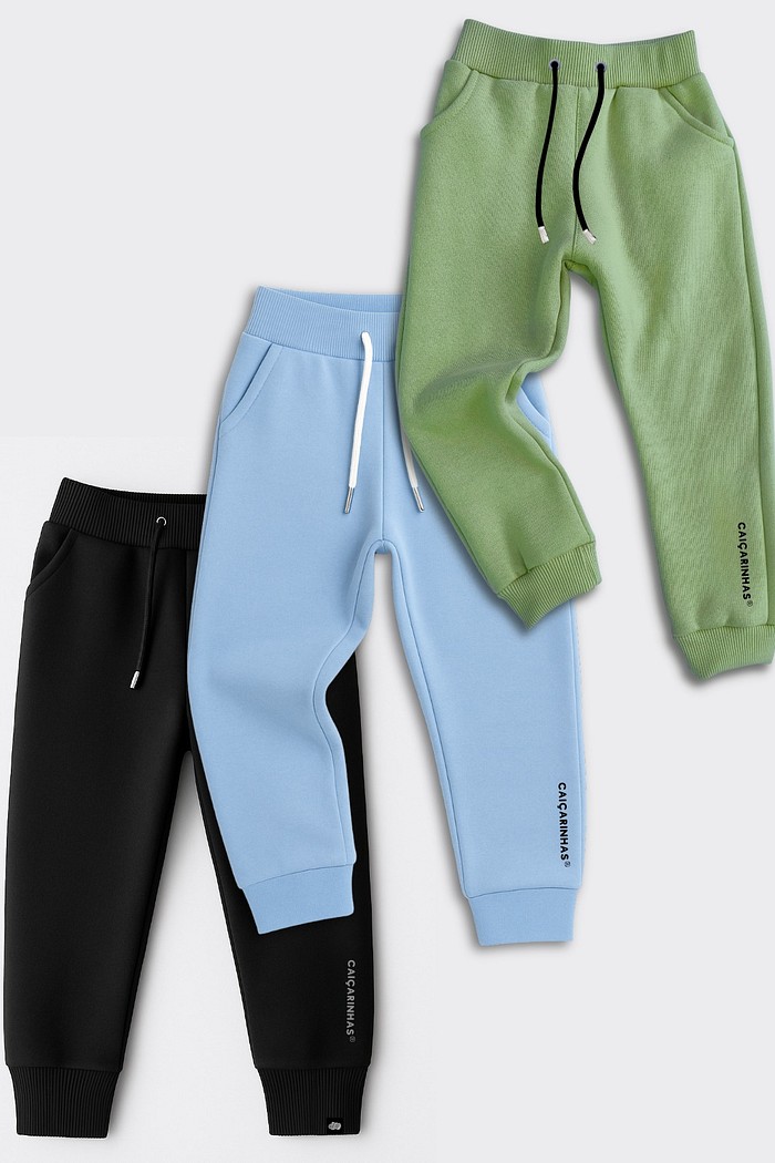 Kit 3 Calças Jogger Moletom Infantil Caiçarinhas® Preta + Azul + Verde Oliva