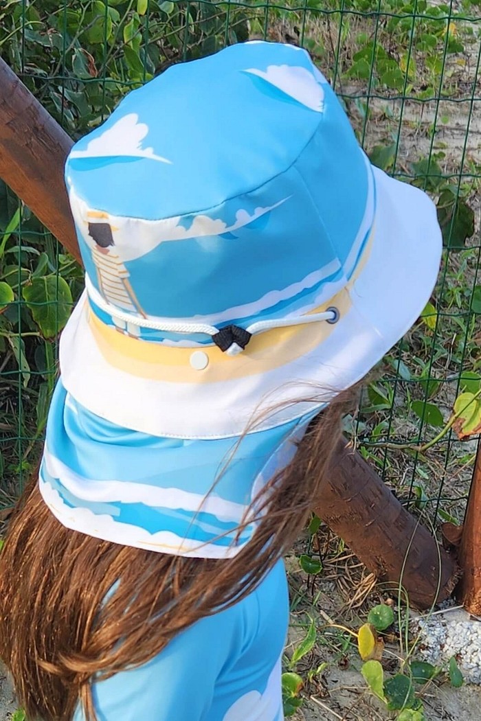 Chapéu infantil Proteção Solar UV 50+ Dupla Face Azul Caiçarinhas Beach