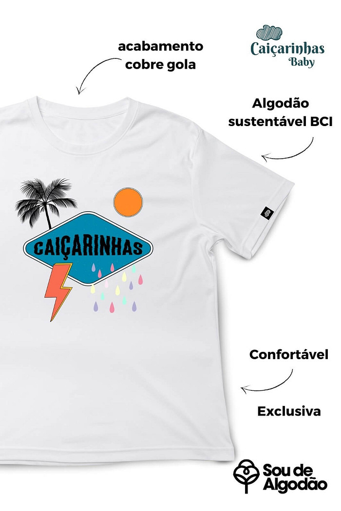 Camiseta Infantil Manga Curta Algodão BCI Branco Caiçarinhas Estações