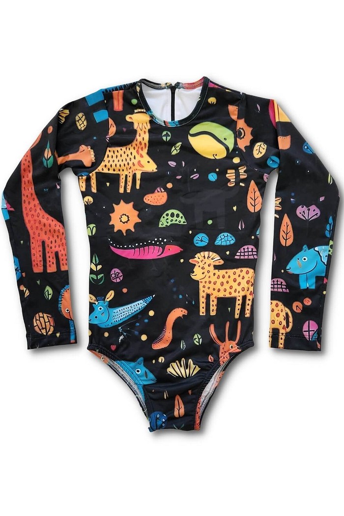 Maiô Infantil Proteção Solar UV 50+ Manga Longa e Zíper nas Costas Preto Animais Abstratos