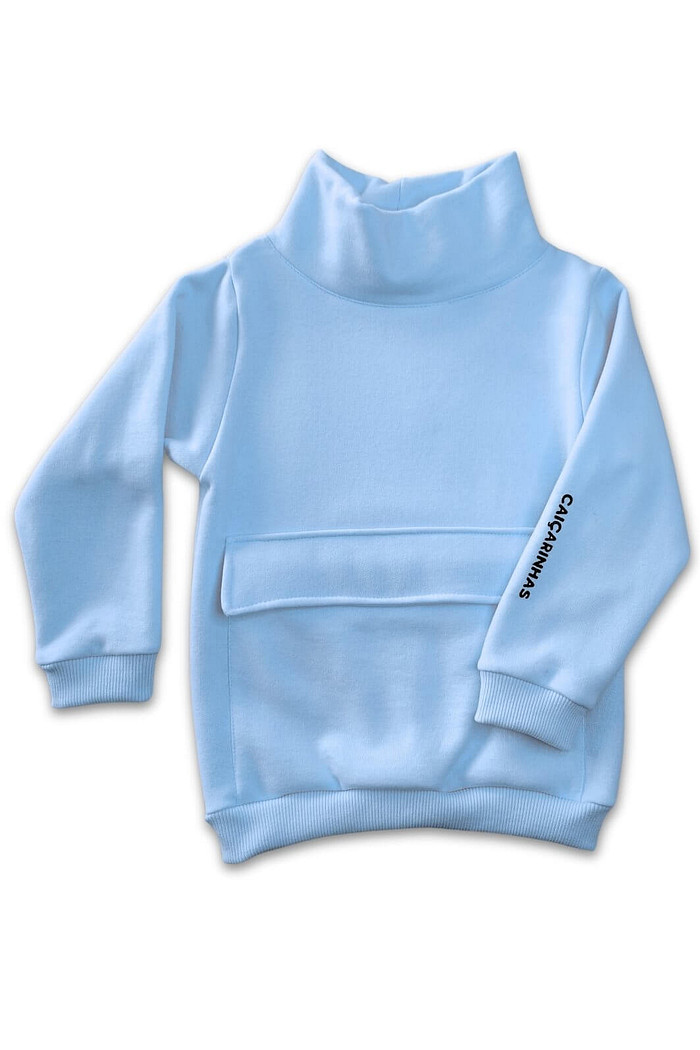 Casaco Moletom Infantil Gola Alta Azul Claro Moletom Flanelado