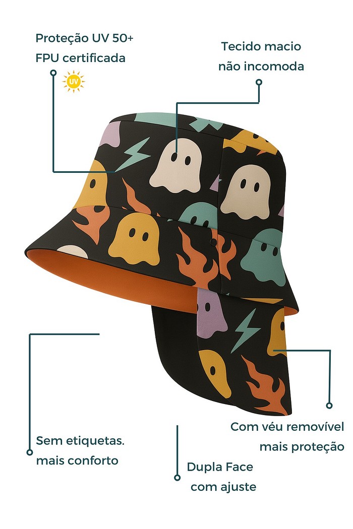 Chapéu infantil Proteção Solar UV 50+ Dupla Face Ajustável Preto Fantasminhas