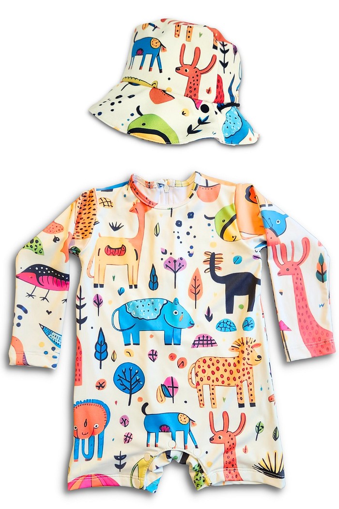 Kit Macacão Uv 50+ Animais Off White + chapéu dupla face