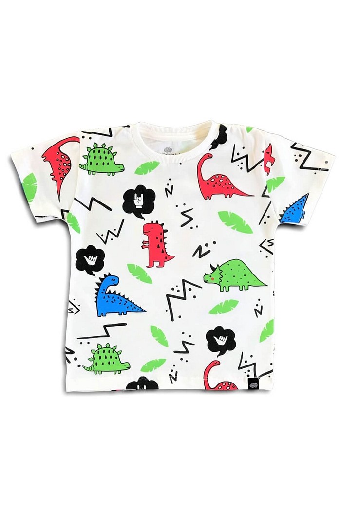 Camiseta Infantil Manga Curta Algodão Sustentável Exclusiva Branco Dinossauros