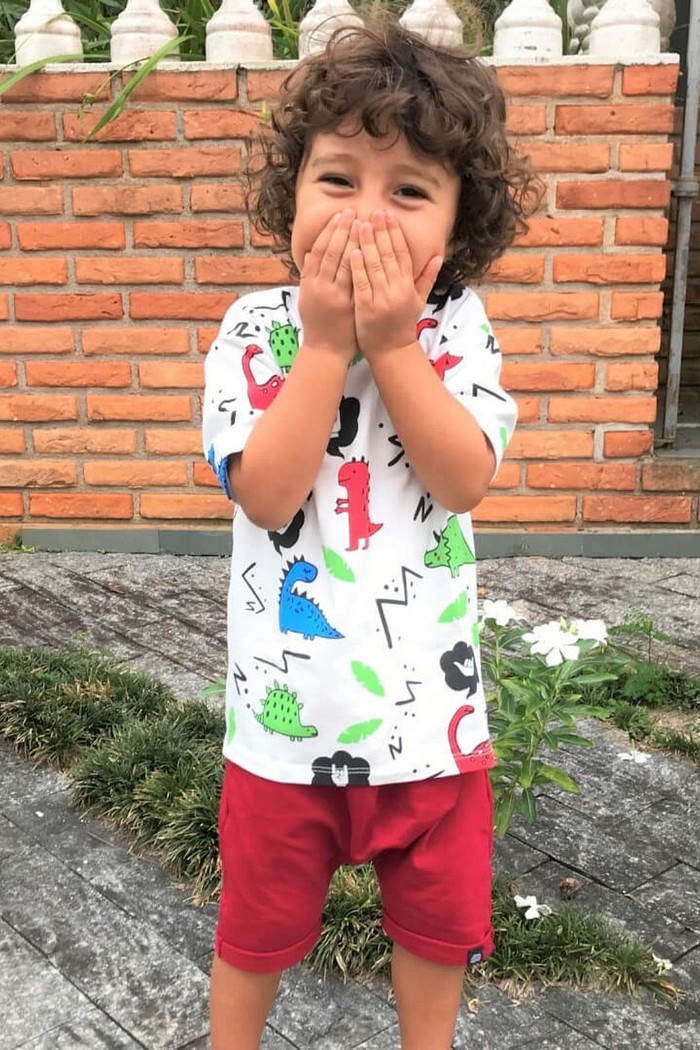 Camiseta Infantil Manga Curta Algodão Sustentável Exclusiva Branco Dinossauros