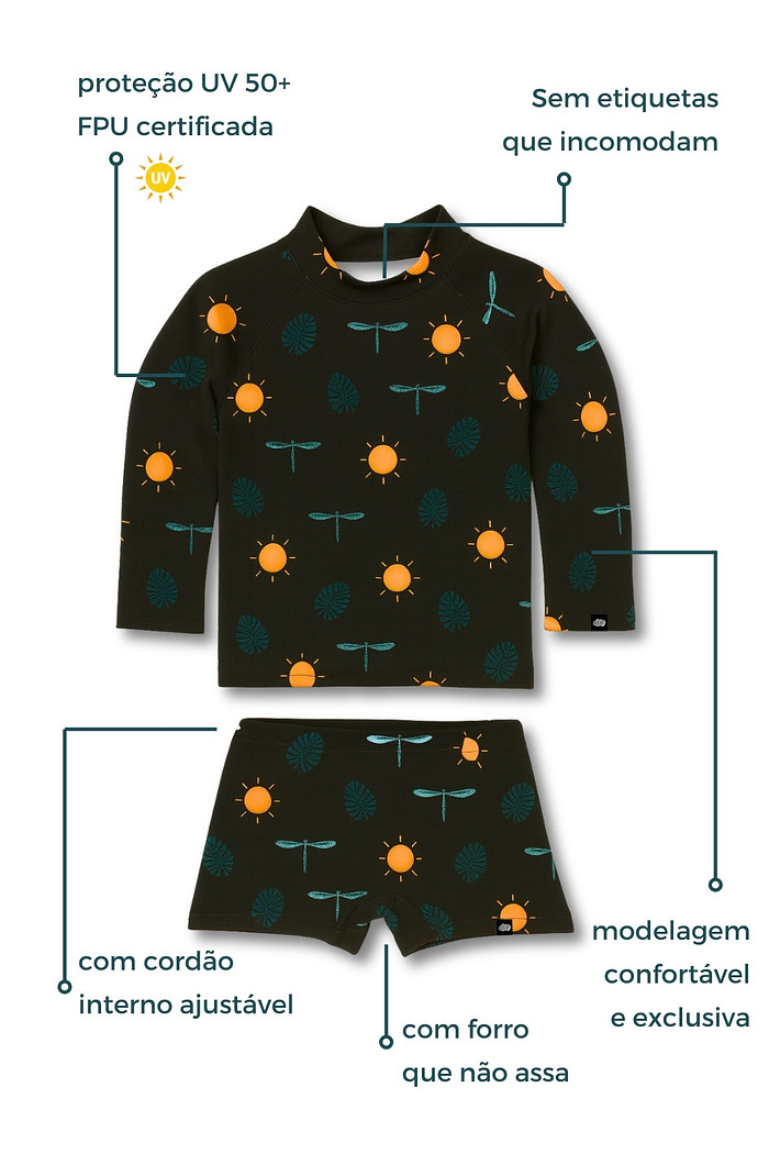 Camisa + Sunga Proteção UV50+ Confortável Preto Libélulas