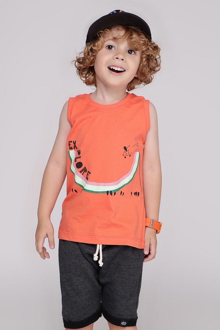 Camiseta Infantil Regata Algodão Sustentável Exclusiva Laranja Skate Explore