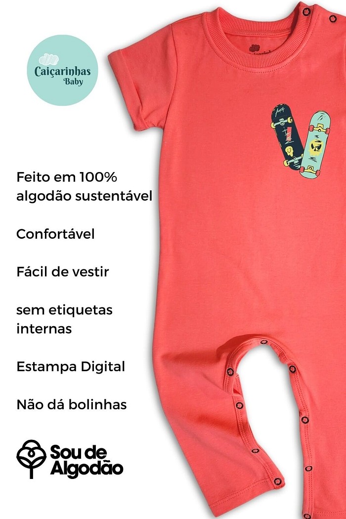 Macacão Bebê Longo Manga Curta Laranja Skateboard