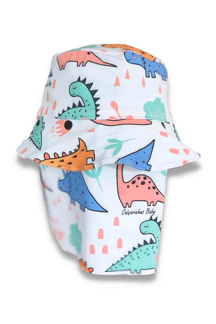 Chapéu infantil Proteção Solar UV 50+ Dupla Face Praia e Piscina Branco Dinossauros