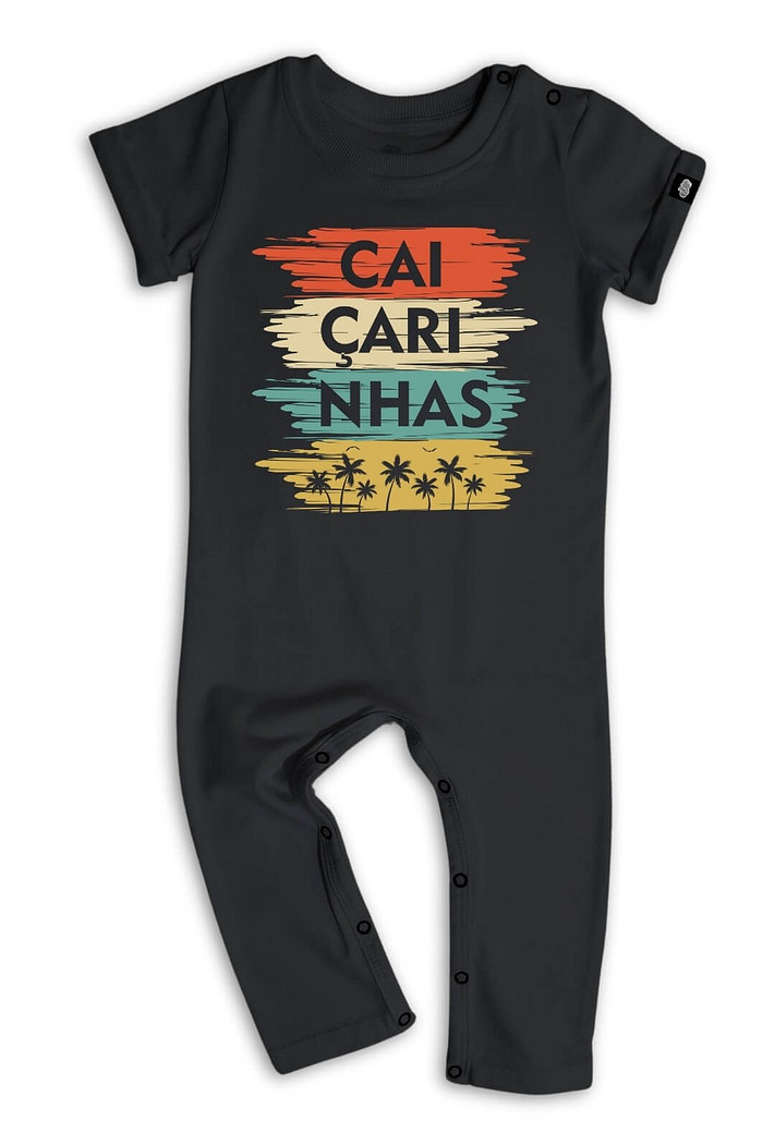 Macacão Bebê Longo Manga Curta Algodão Sustentável Toque Macio Preto Caiçarinhas