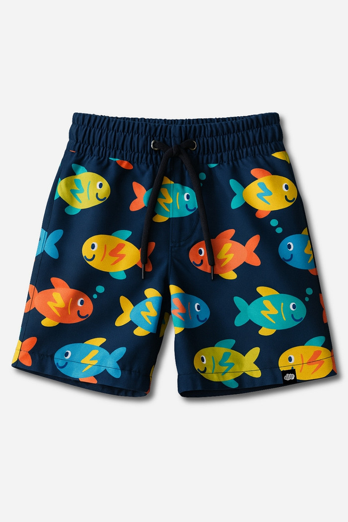 Short Infantil Tactel com ajuste na cintura UV 50+ Azul Peixinhos