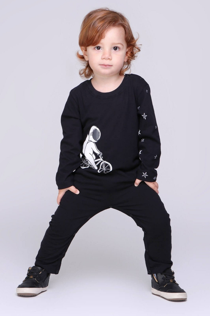 Macacão Bebê Longo Manga Longa Algodão Sustentável Confortável Preto Astro Bike