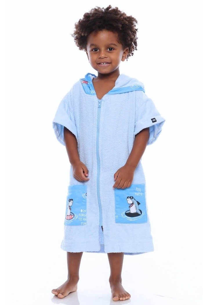Roupão Infantil Com Capuz e Zíper 100% Algodão Super Secagem Proteção UV50+ Azul Tuba Relax