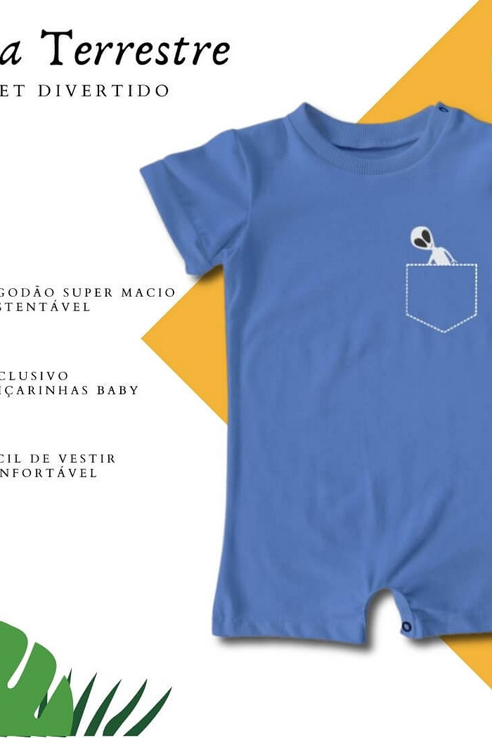 Macacão Bebê Curto Algodão Sustentável Fácil de Vestir Azul Etezinho