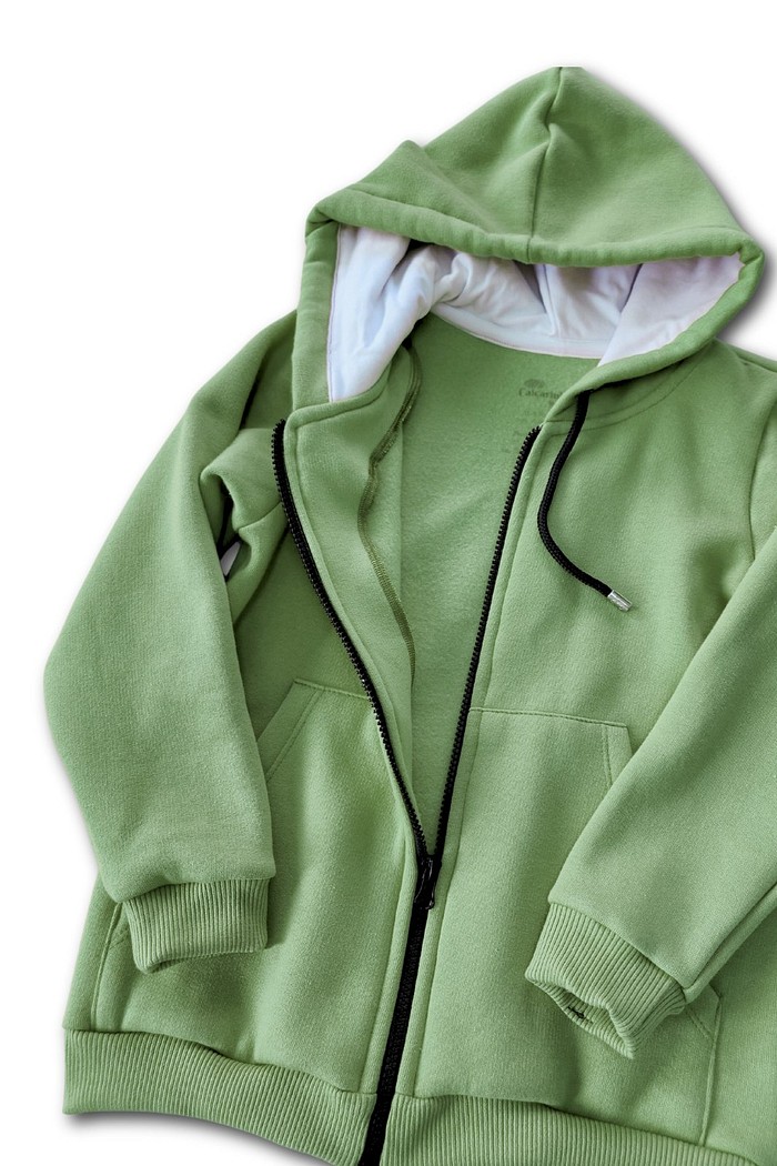 Casaco Moletom Infantil com Capuz e Zíper Verde Moletom Flanelado