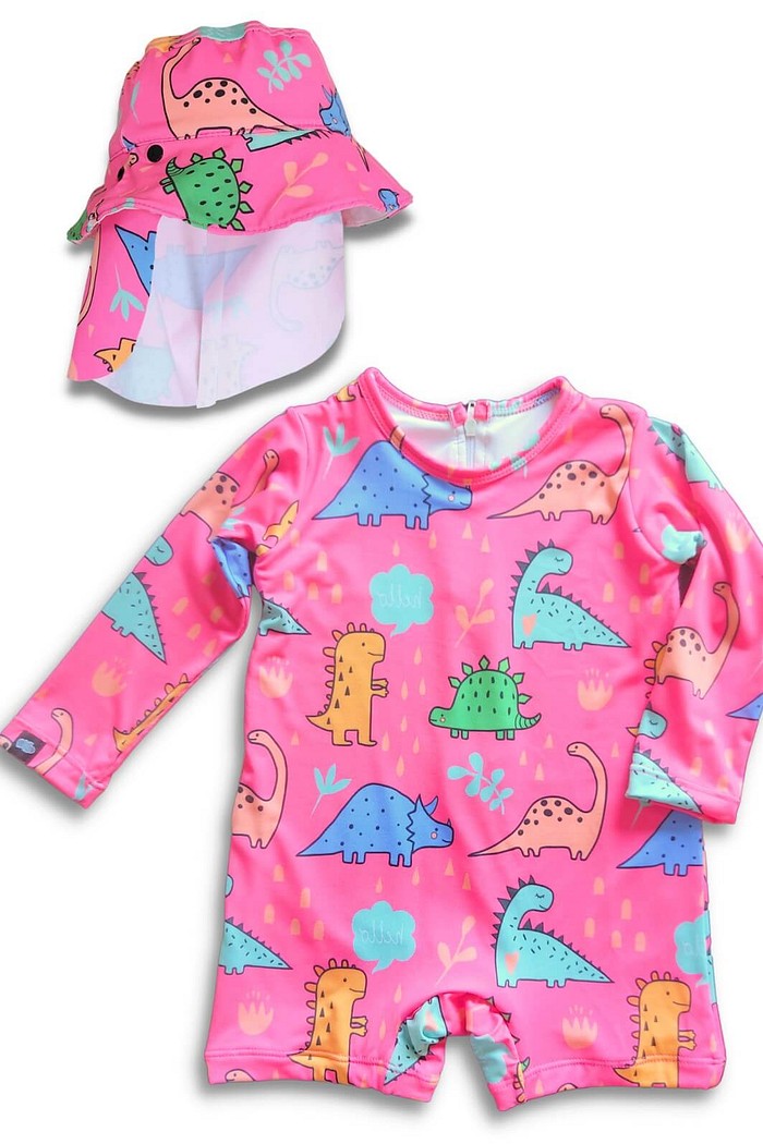 Kit Dinossauro Rosa Macacão + Chapéu Dupla Face UV 50+