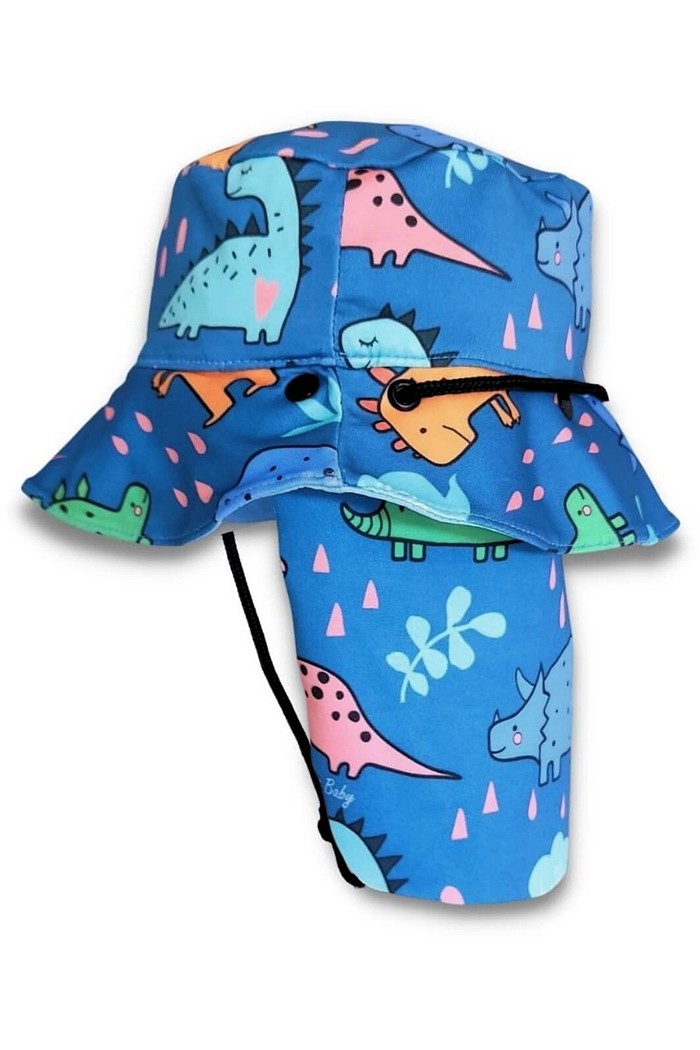 Chapéu infantil Proteção Solar UV 50+ Dupla Face Praia e Piscina Azul Dinossauros