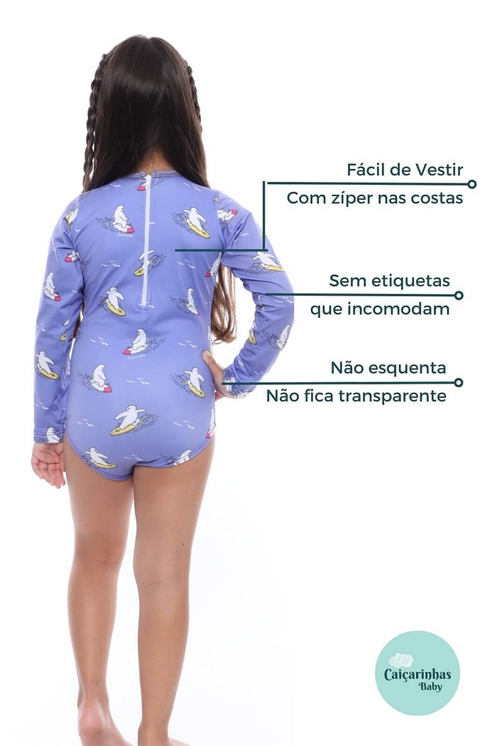 Maiô Infantil Proteção Solar UV 50+ Manga Longa e Zíper nas Costas Roxo Urso Surfista