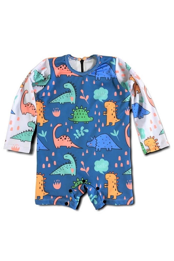 Macacão Praia Bebê Proteção Solar UV 50+ Manga Longa Azul Dinossauros