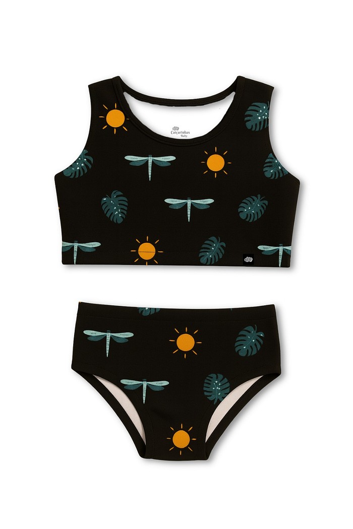 Cropped Regata e Calcinha Alta Proteção UV50+ Preto Libélulas