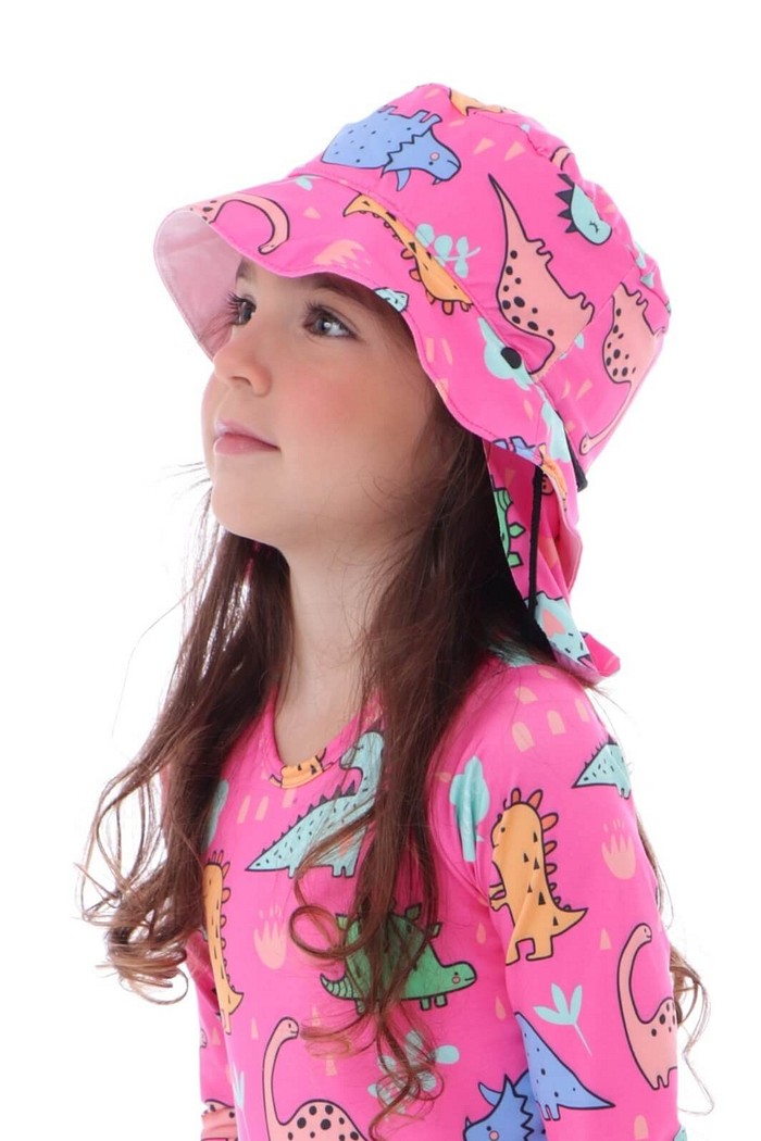 Chapéu infantil Proteção Solar UV 50+ Dupla Face Praia e Piscina Rosa Dinossauros