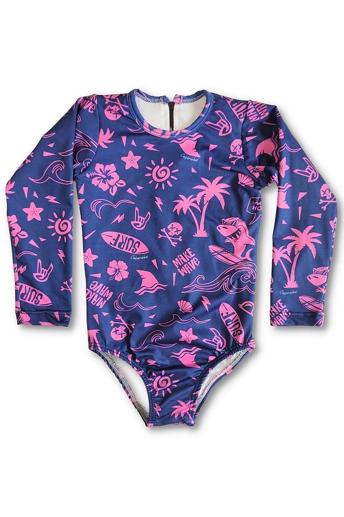 Maiô Infantil Proteção Solar UV 50+ Manga Longa e Zíper nas Costas Azul Praia e Sol