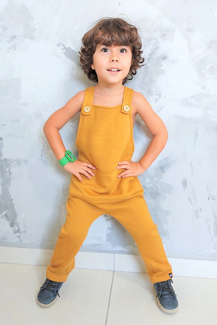 Jardineira Infantil Longa com Alça e Cintura Ajustável Mostarda em Moletinho