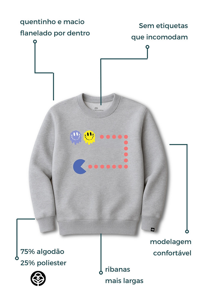 Blusão Infantil Moletom Felpado Cinza Pac Man