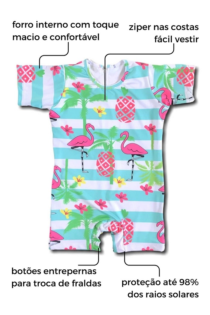 Macacão Praia Bebê Proteção Solar UV 50+ Manga Curta Flamingos